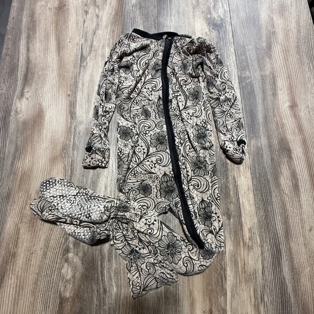 KicKee Pants Kids 4T Bamboo Footie Pajamas Black Lace Floral Print Ruffle